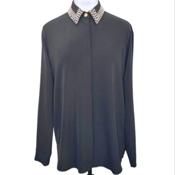 Pearls & Rhinestone Decor Turn-down Collar Button Front Denim Shirt Casual Top